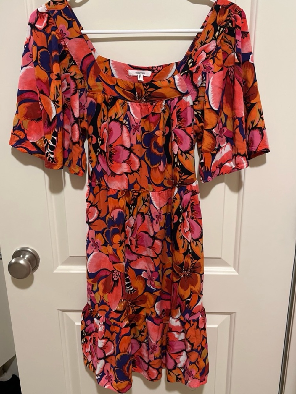 Maurices Orange Pink Floral Puff-Sleeve Midi Dress